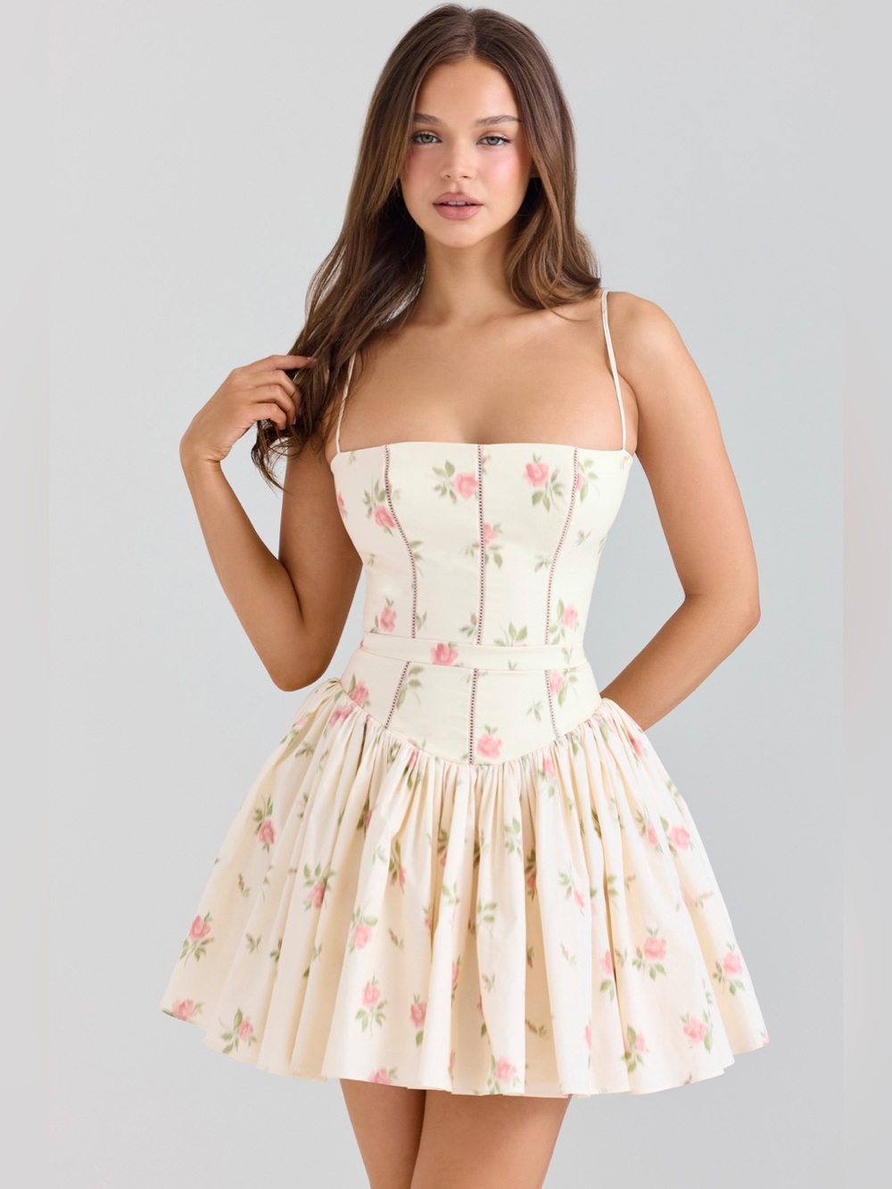 House of CB YSABELLA Cream Rose Print Stretch Cotton Mini Sundress